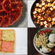 Clockwise from upper left: Tarte tatin, mapo tofu, Cobb salad, Battenberg cake